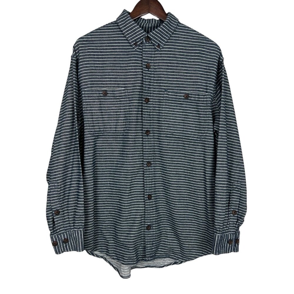 Duluth Trading Co Shirt Mens Large Blue Stripe Free Swingin' Flannel Relaxed Fit